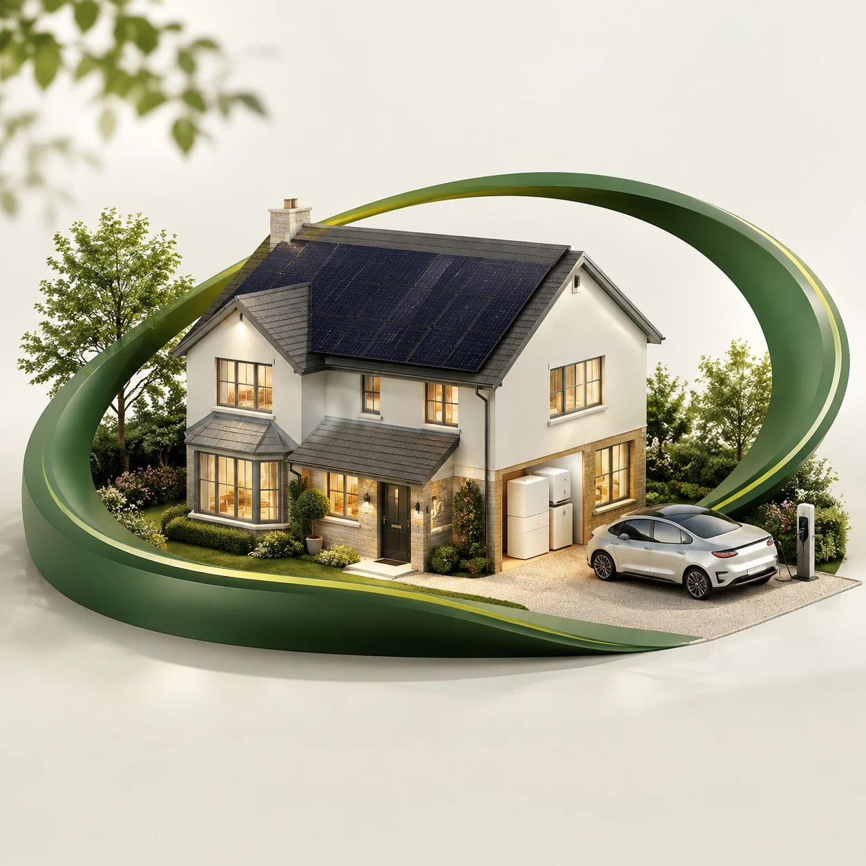 Illustrative modern home with solar, battery storage and EV charging